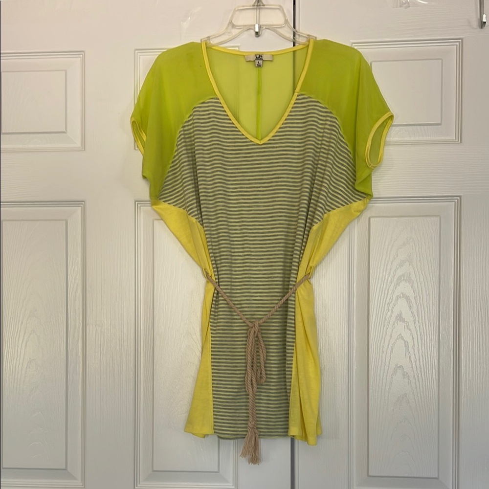 Green and Yellow Striped Flutter Sleeve Tunic Top V-Neck and Tie Waist Front